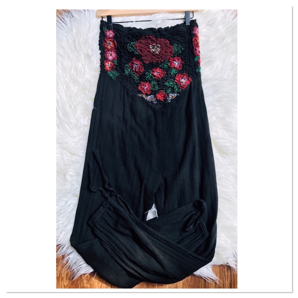 Free People Shirred Strapless Karan Jumpsuit Embroidered Black Red Size Small